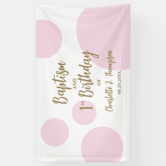 Aangepaste 1e verjaardag en doop Roze Gouden Feest Spandoek (Verticaal)