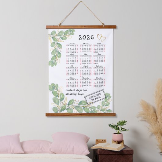Aangepaste 2026 kalender met elegante Eucalyptus Hangend Wandkleed (Slaapkamer)
