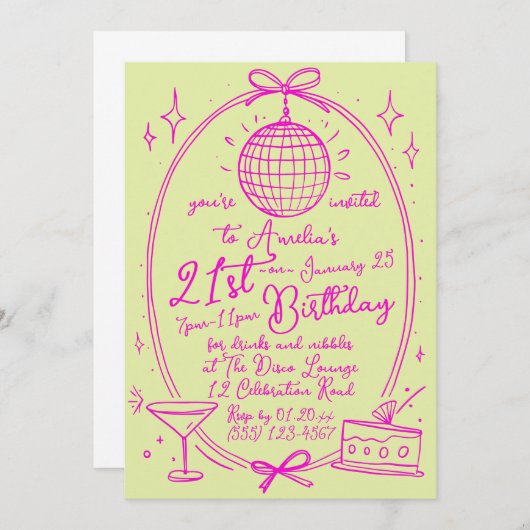 Aangepaste 21e verjaardag disco uitnodiging | roze (Voorkant / Achterkant)