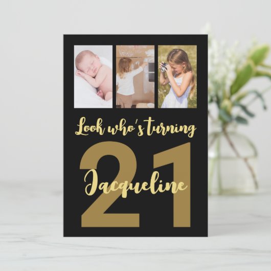 Aangepaste 21e verjaardag Gouden moderne fotocolla Kaart (Staand voorkant)