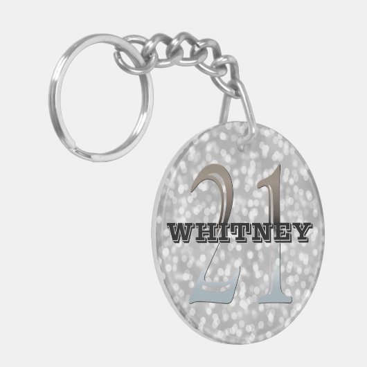 Aangepaste 21e verjaardag | Naam Silver Bokeh Sleutelhanger (Voorkant Links)