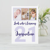 Aangepaste 21e Verjaardag Paarse Script Fotocollag Kaart (Staand voorkant)