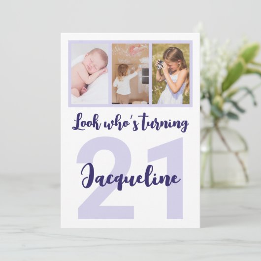 Aangepaste 21e Verjaardag Paarse Script Fotocollag Kaart (Staand voorkant)