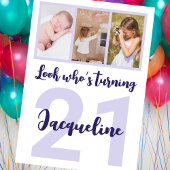 Aangepaste 21e Verjaardag Paarse Script Fotocollag Kaart