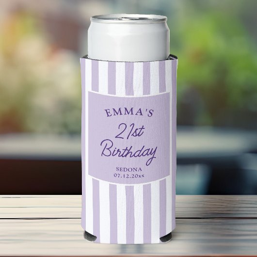 Aangepaste 21e verjaardag preppy paars gestreepte seltzer blikjeskoeler