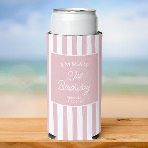 Aangepaste 21e verjaardag Preppy Roze Gestreepte F Seltzer Blikjeskoeler