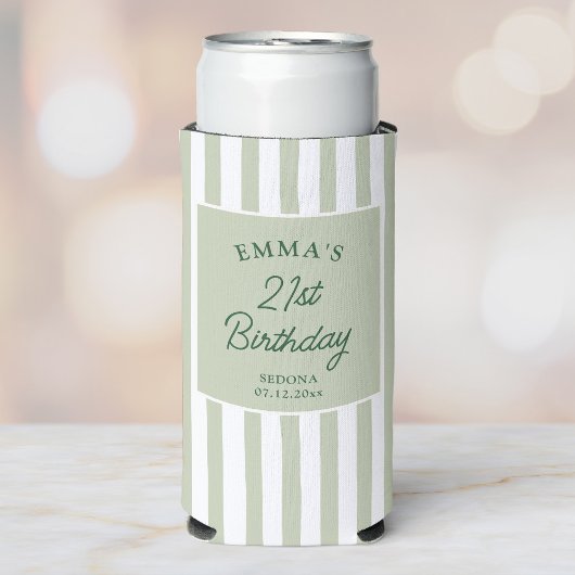 Aangepaste 21e verjaardag Preppy Sage gestreepte f Seltzer Blikjeskoeler