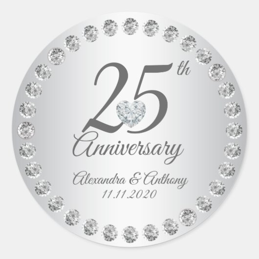 Aangepaste 25e bruiloft Jubileum diamanten zilver Ronde Sticker (Voorkant)