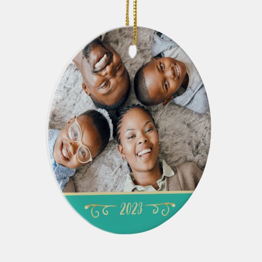 Aangepaste 2 foto 2-zijdige familiefoto Blauwgroen Keramisch Ornament (Rechts)