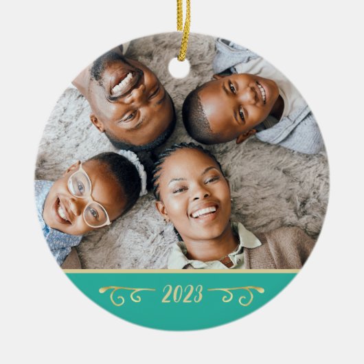 Aangepaste 2 foto 2-zijdige familiefoto Blauwgroen Keramisch Ornament (Voorkant)