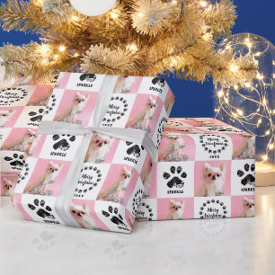 Aangepaste 2 foto huisdier hond pootafdruk Kerstmi Cadeaupapier