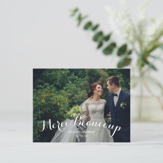 Aangepaste 2 Foto Merci Beaucoup bruiloft Dank u Briefkaart (Staand voorkant)