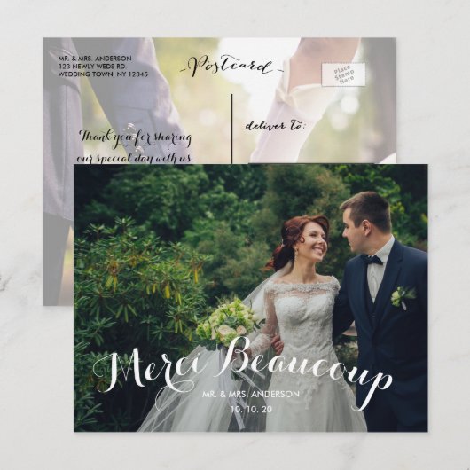 Aangepaste 2 Foto Merci Beaucoup bruiloft Dank u Briefkaart (Voorkant / Achterkant)