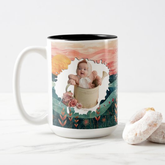 Aangepaste 2 Foto Mok met Gepersonaliseerde Tekst (Met donut)