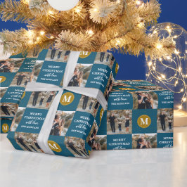 Aangepaste 2 foto Monogram Blue Gold Holiday Cadeaupapier