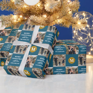 Aangepaste 2 foto Monogram Blue Gold Holiday Cadeaupapier