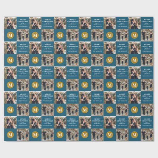 Aangepaste 2 foto Monogram Blue Gold Holiday Cadeaupapier (Vlak)