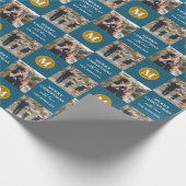 Aangepaste 2 foto Monogram Blue Gold Holiday Cadeaupapier (Hoek)