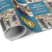 Aangepaste 2 foto Monogram Blue Gold Holiday Cadeaupapier (Rol Hoek)