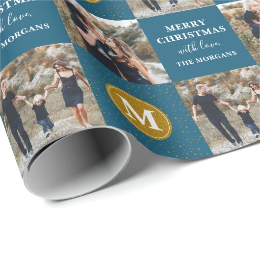 Aangepaste 2 foto Monogram Blue Gold Holiday Cadeaupapier (Rol Hoek)