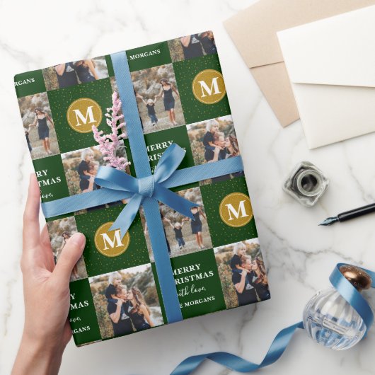 Aangepaste 2 foto Monogram Green Gold Holiday Cadeaupapier (Geschenken)