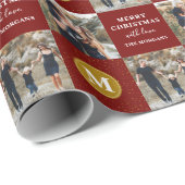 Aangepaste 2 foto Monogram Red Gold Holiday Cadeaupapier (Rol Hoek)