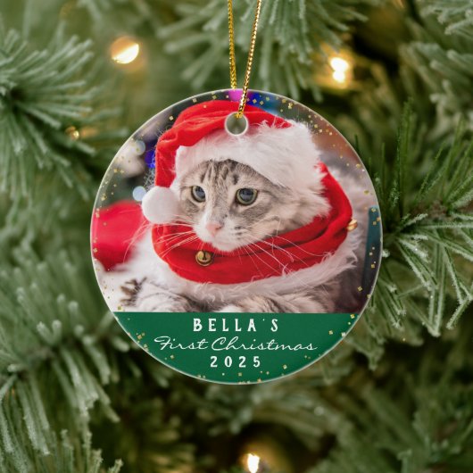 Aangepaste 2 foto-Pet Cat Meowy-kerstgroen Keramisch Ornament (Boom)