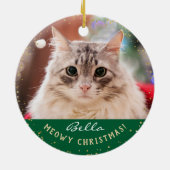 Aangepaste 2 foto-Pet Cat Meowy-kerstgroen Keramisch Ornament (Achterkant)