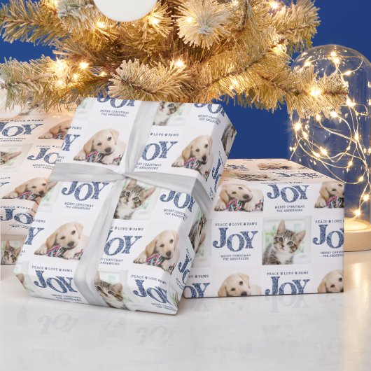 Aangepaste 2 foto Pet Dog JOY Blue Holiday Gift Cadeaupapier (Feestdagen)