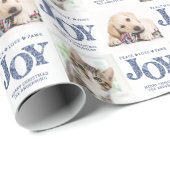 Aangepaste 2 foto Pet Dog JOY Blue Holiday Gift Cadeaupapier (Rol Hoek)