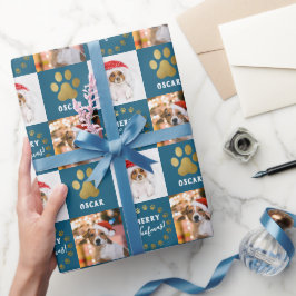Aangepaste 2 foto Pet Dog Puppy Blue Gold Paws Cadeaupapier
