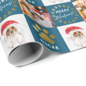 Aangepaste 2 foto Pet Dog Puppy Blue Gold Paws Cadeaupapier (Rol Hoek)