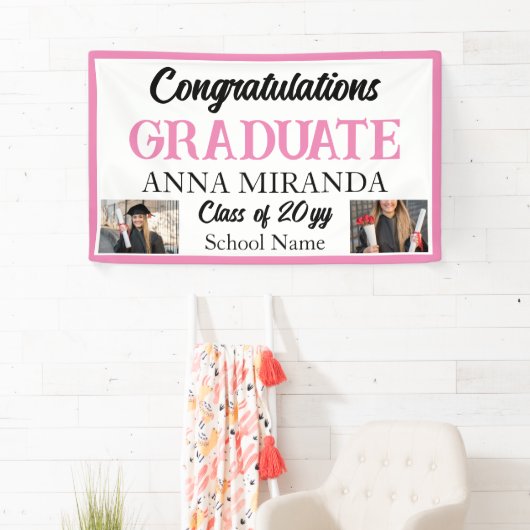 aangepaste 2 foto Roze Gefeliciteerd Afstuderen Af Spandoek (Insitu)