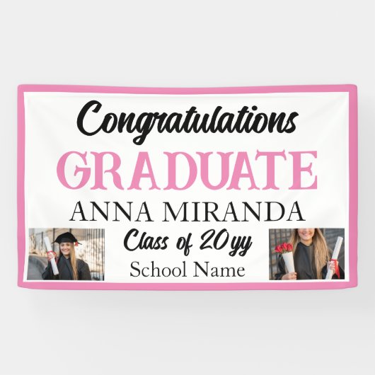 aangepaste 2 foto Roze Gefeliciteerd Afstuderen Af Spandoek (Horizontaal)