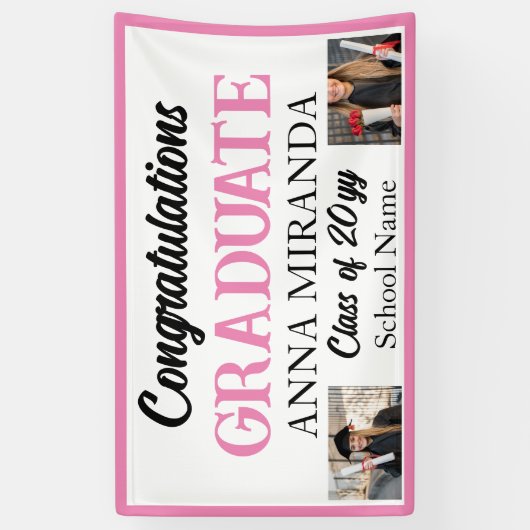 aangepaste 2 foto Roze Gefeliciteerd Afstuderen Af Spandoek (Verticaal)