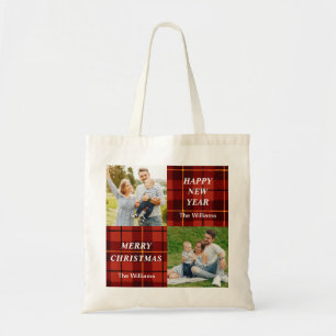 Aangepaste 2 foto Tartan Patroon Pset Holiday Tote Bag