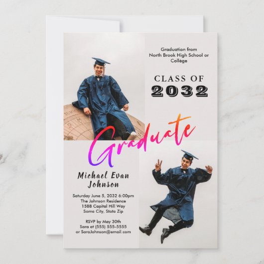 Aangepaste 2 foto Zwart Gestreept Afstuderen Klass Kaart (Voorkant)