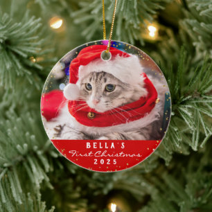 Aangepaste 2 fotofotopapier met kerstrood Meowy Keramisch Ornament