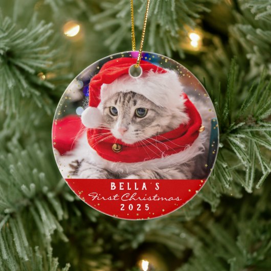 Aangepaste 2 fotofotopapier met kerstrood Meowy Keramisch Ornament (Boom)