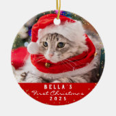 Aangepaste 2 fotofotopapier met kerstrood Meowy Keramisch Ornament (Voorkant)
