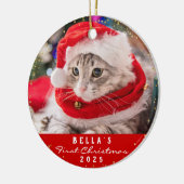 Aangepaste 2 fotofotopapier met kerstrood Meowy Keramisch Ornament (Links)