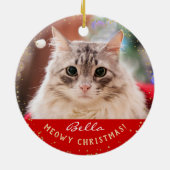 Aangepaste 2 fotofotopapier met kerstrood Meowy Keramisch Ornament (Achterkant)