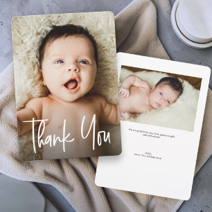 Aangepaste 2 foto's moderne handlettering baby sho bedankkaart