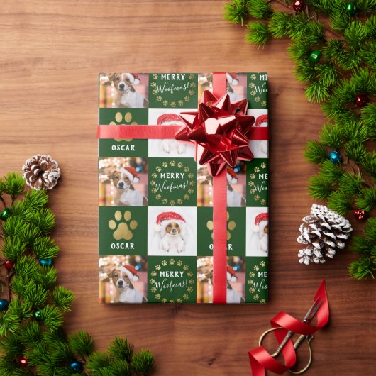 Aangepaste 2 foto's Pet Dog Puppy Green Gold Paws Cadeaupapier (Feestdagen Geschenken)