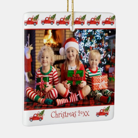 Aangepaste 2-zijdige kinderen Foto Rode Vrachtwage Keramisch Ornament (Rechts)