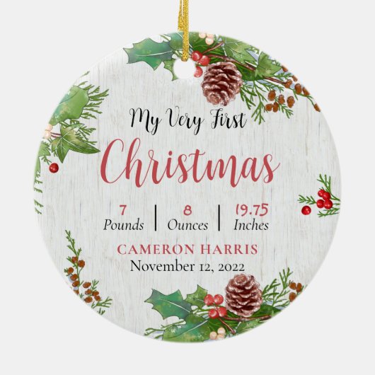 Aangepaste 2-zijdige Rustic Baby's eerste kerstfot Keramisch Ornament (Achterkant)