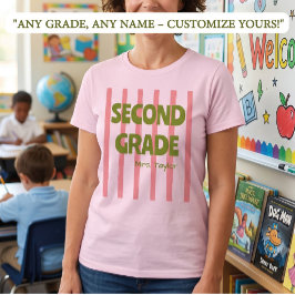 Aangepaste 2e klas schoolstrepen docentennaam roze t-shirt