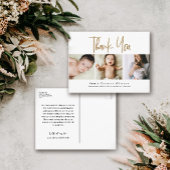 Aangepaste 3 Baby foto's Gold Script geboorte Dank Briefkaart