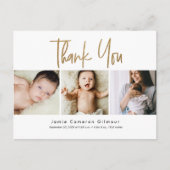Aangepaste 3 Baby foto's Gold Script geboorte Dank Briefkaart (Voorkant)