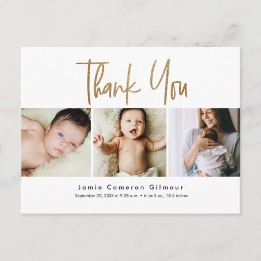 Aangepaste 3 Baby foto's Gold Script geboorte Dank Briefkaart (Voorkant)